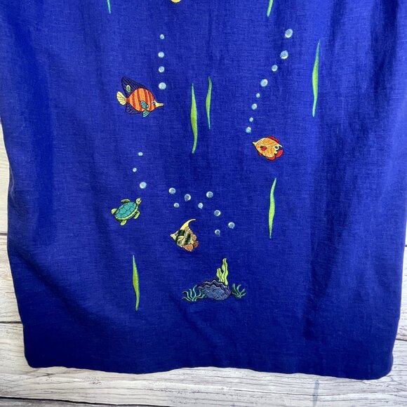 VTG 90s Ultra Dress 14 Linen Blend Fish Embroidered‎ Sleeveless Blue Nautical - Picture 4 of 16